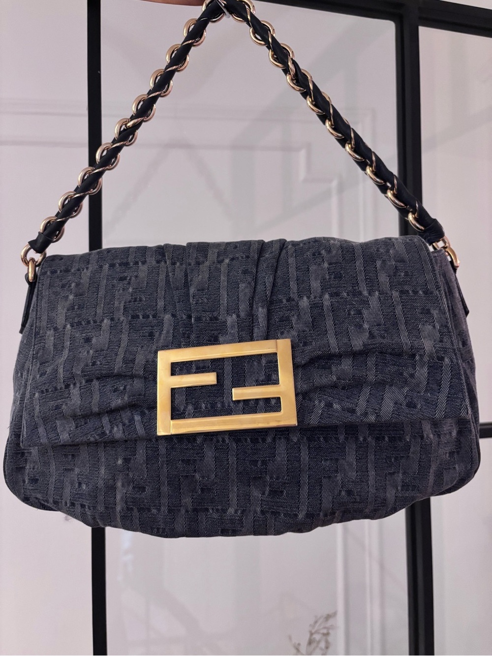 Fendi Gray Monogram Quilted Shoulder Bag with Gold Hardware